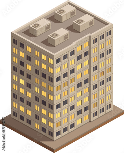Isometric apartment building illustration with lit windows rooftop air conditioning units modern urban residential architecture isolated design concept night city