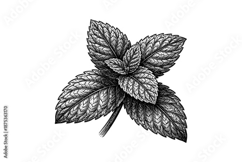 Detailed vintage ink drawing of mint leaves on white background