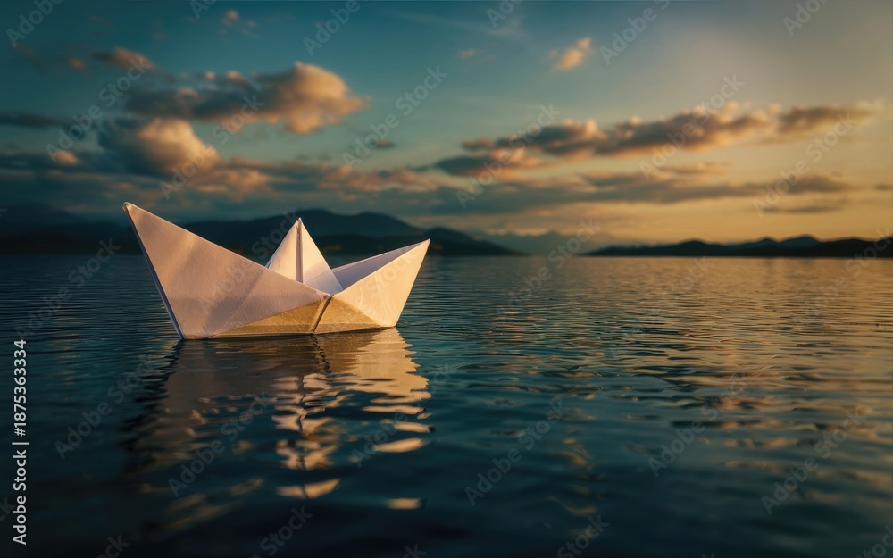 Obraz premium A tranquil paper boat floats gracefully on calm water, bathed in the golden hues of sunset