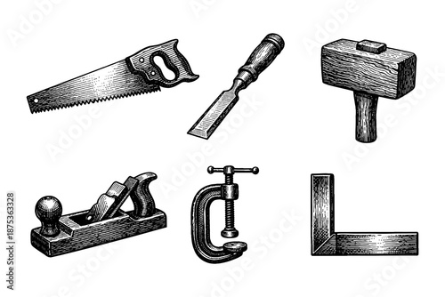 Vintage woodworking tools collection in detailed monochrome style