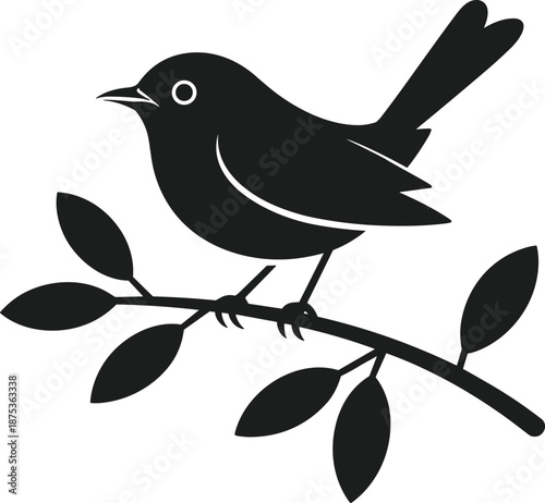 Black bird silhouette perched on a branch with leaves vector illustration