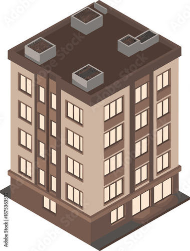 Isometric modern apartment building illustration with rooftop HVAC units glass windows urban residential architecture isolated design