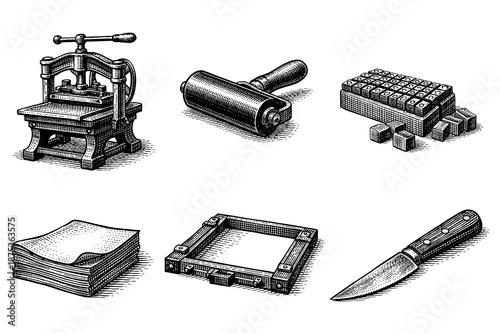 Vintage printing equipment collection: engraved tools and press items for traditional printmaking