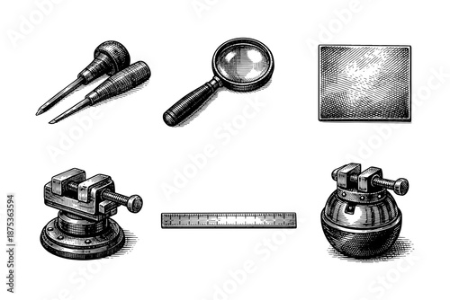 Vintage engraving style tools collection with screwdrivers and magnifying glass
