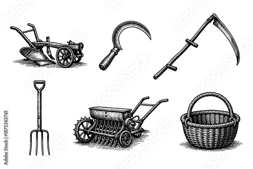 Vintage farm tools and equipment collection in detailed engraving style
