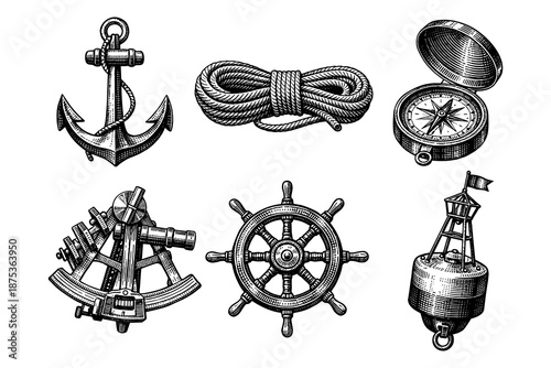 Nautical elements set featuring anchor, compass, rope, sextant, ship wheel, and buoy in vintage style