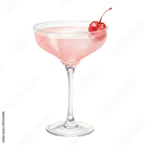 Mary Pickford Cocktail Watercolor Vector Illustration, Classic Pink Rum Cocktail, Hand Painted Drink Isolated on White
