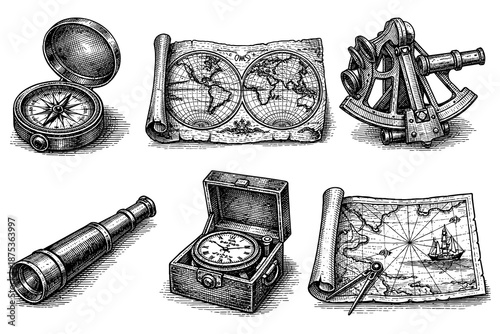 Vintage nautical instruments and maps collection in detailed hand drawn style
