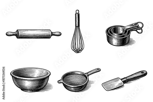 Vintage kitchen tools set featuring hand drawn rolling pin, whisk, measuring cups, bowl, and spatula