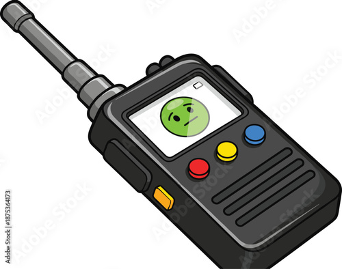 Handheld walkie talkie illustration, portable radio device, emergency communication equipment, cartoon style gadget, wireless transmitter, isolated white background design, vector