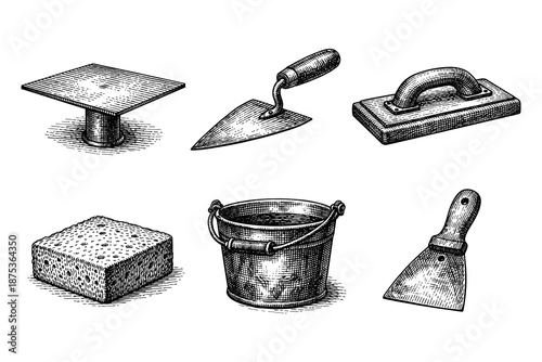Detailed vintage sketch of construction tools for masonry and plastering