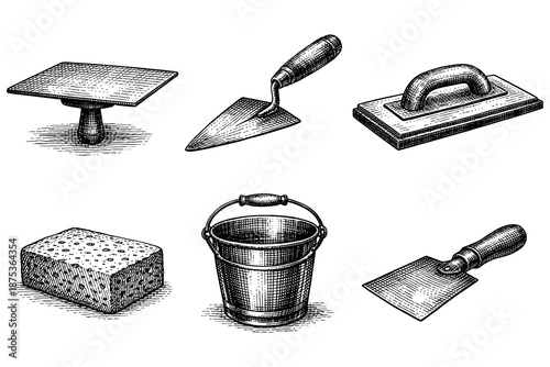 Vintage engraving tools for masonry and plastering with trowels and bucket