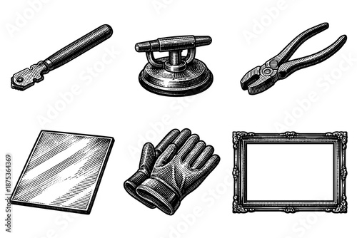 Vintage hand drawn tools and accessories with engraved style for craftsmanship and diy projects