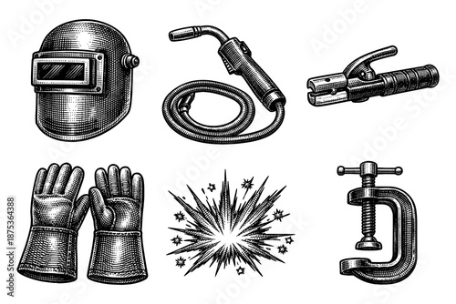 Vintage engraved welding tools set: helmet, torch, and accessories