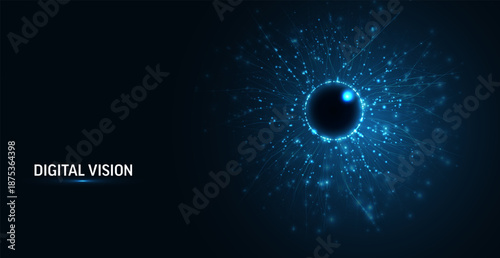 Big data visualization, computer vision AI concept. Abstract digital eye. Neural network technology, futuristic biometrics background, Sci-Fi Innovation Vector Illustration for Tech Design.