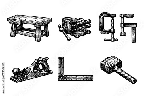 Vintage woodworking tools: bench, vise, clamps, and more in retro style