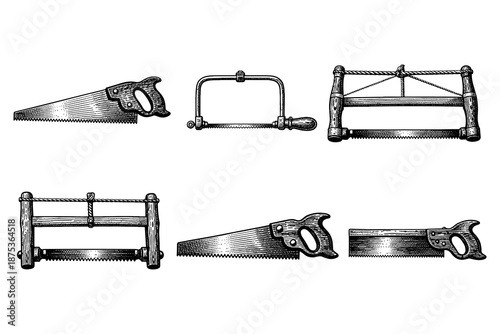 Vintage hand tools collection: detailed black and white saw illustrations for woodworking enthusiasts