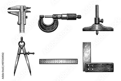 Vintage measurement tools set: caliper, micrometer, compass, ruler, square for engineering and craftsmanship