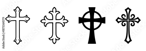Collection of outline crosses from bold Celtic to simple geometric forms. Black and white set vector illustration outline