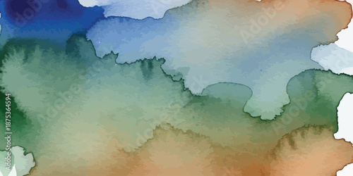 Abstract Watercolor Background Texture with Blue Green and Brown Earthy Paint Splashes Vector Wash Art