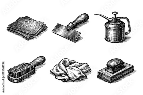 Vintage engraving of hand tools for woodworking and metalwork