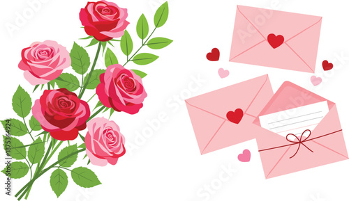 Romantic rose bouquet illustration, love letter envelopes, valentines day concept, wedding invitation design, floral romance, heart symbols, cute background, vector
