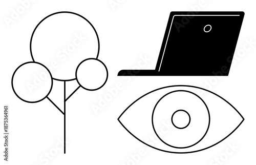 Sustainability, digital innovation, artificial intelligence, eco-technology, environmental awareness, human observation. Minimalist icons of a tree, laptop and eye. Technology and sustainability