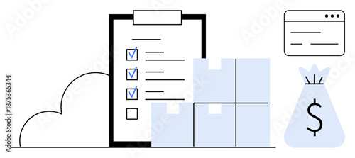 Checklist with marked items, packages, cloud storage, online payment interface, and money bag symbolizing e-commerce, logistics, cloud computing. Ideal for business, supply chain finance online