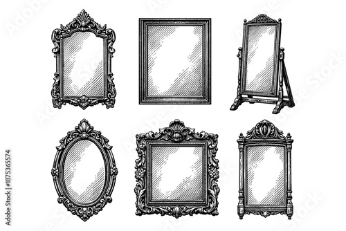 Vintage ornate mirror and frame collection in detailed engraved style