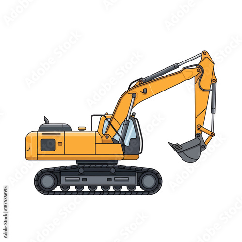 Yellow Excavator Machine on Tracks, Heavy Construction Equipment Vector Illustration
