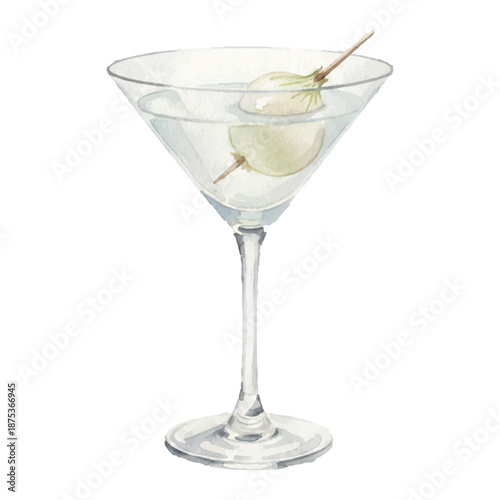 Gibson Onion Pick Martini Watercolor Vector Illustration with Cocktail Onion on White Background
