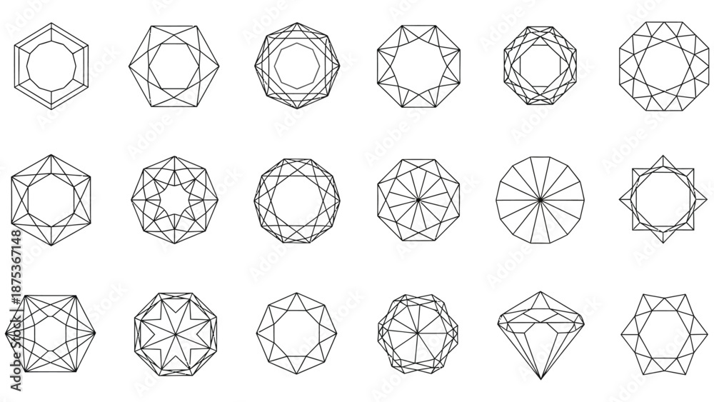 © Farzana - Collection of black and white geometric line art diagrams illustrating diamond cutting and facet patterns