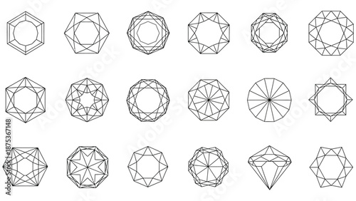 Collection of black and white geometric line art diagrams illustrating diamond cutting and facet patterns