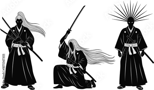 samurai warrior silhouettes with katana swords, japanese martial art illustration, traditional ronin fighters, monochrome vector design for posters branding