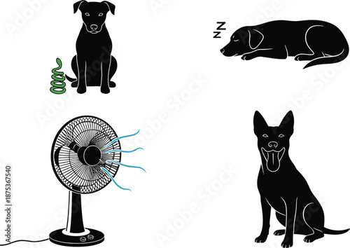 Set of black dog silhouettes featuring a sleeping puppy, a happy sitting dog, a dog with a toy, and an electric fan.