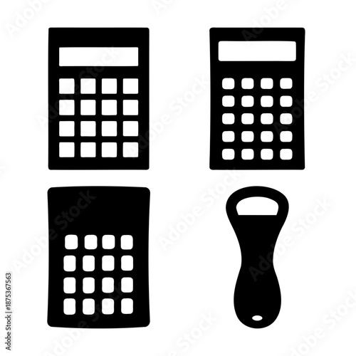 A collection of calculator icons and a bottle opener silhouette on a white background