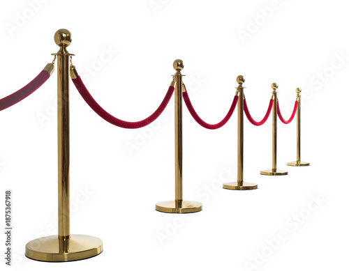 A luxurious three-dimensional gold rope railing rests on a red and gold velvet carpet against a white background