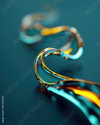 Abstract Flowing Liquid Curves In Teal Gold Colors