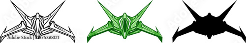 Advanced sci-fi spaceship fighter jet design in line art, colorful green, and black silhouette versions