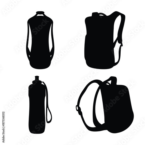 Collection of black silhouette illustrations featuring various backpacks and a sport water bottle for outdoor and travel gear