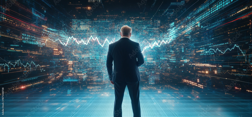 Fototapeta premium Businessman analyzing financial data with advanced digital technology in futuristic setting