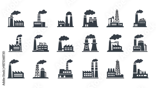 Collection of black and white factory building icons representing industrial power plants and emissions