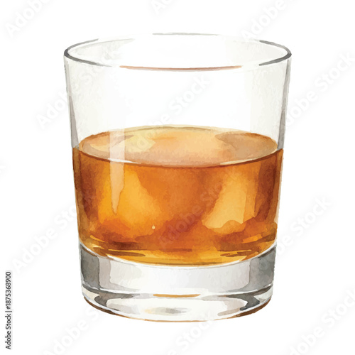 French Connection Cocktail Watercolor Vector Illustration with Ice Cubes on White Background
