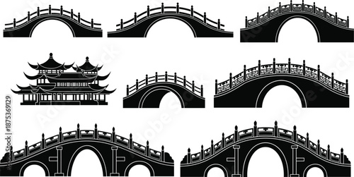 Set of Traditional Chinese Bridge Silhouettes, Ancient Oriental Pagoda Architecture, Asian Stone Arch Bridge Icons, Black Vector Illustration Isolated on White Background, Culture