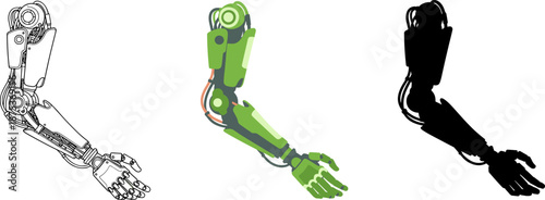 Artificial bionic robotic leg and hand limbs set featuring line art, mechanical color, and silhouette versions set.
