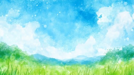 Watercolor illustration showing a blue sky with clouds and a green ground with hills in the background, suitable for invitation cards or decorative backgrounds