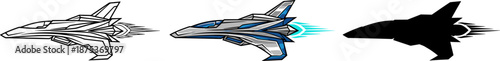 Futuristic sci-fi spaceship fighter jet set with line art, colorful detail, and black silhouette versions set.