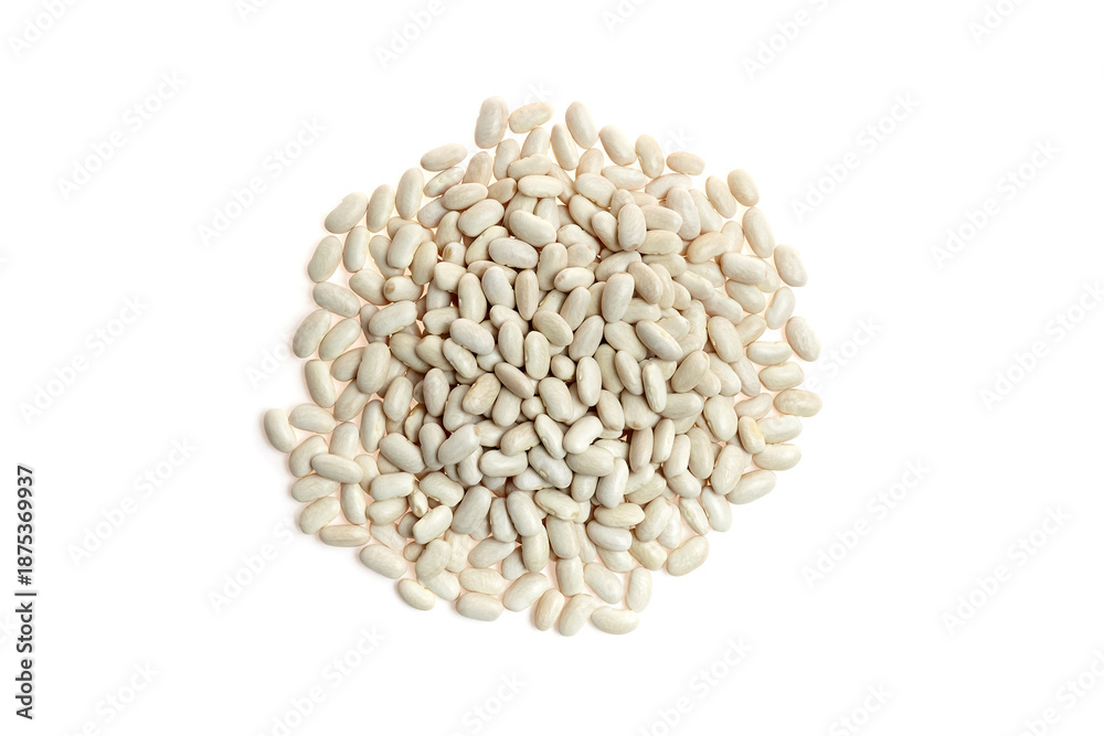 Obraz premium White beans scattered on a clean surface, showcasing their smooth texture and natural color, perfect for culinary uses and healthy recipes with copy space
