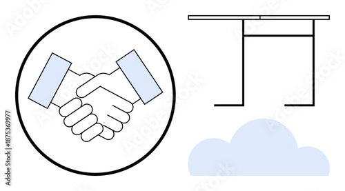 Business partnerships, collaboration, technology, cloud storage, construction, infrastructure. Handshake, a cloud icon and a structural frame illustration. Business partnerships and technology