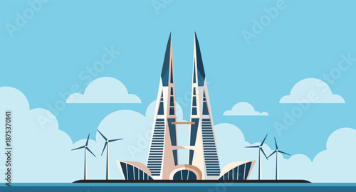 Futuristic twin skyscrapers with wind turbines on the water under a cloudy sky